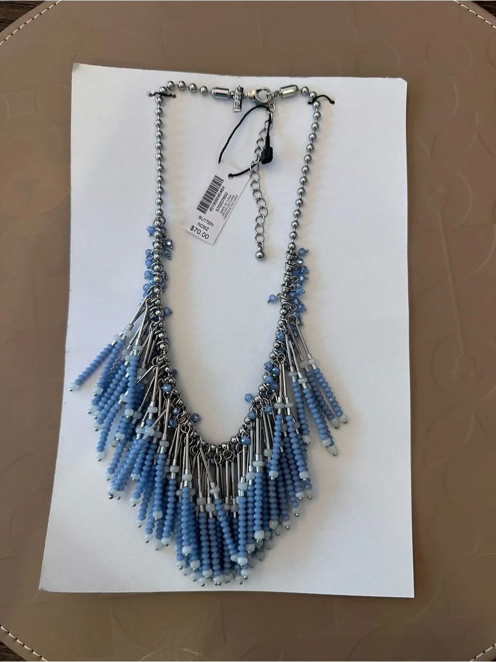 White House Black Market Statement Fringe Blue Silver Beaded Necklace NWT